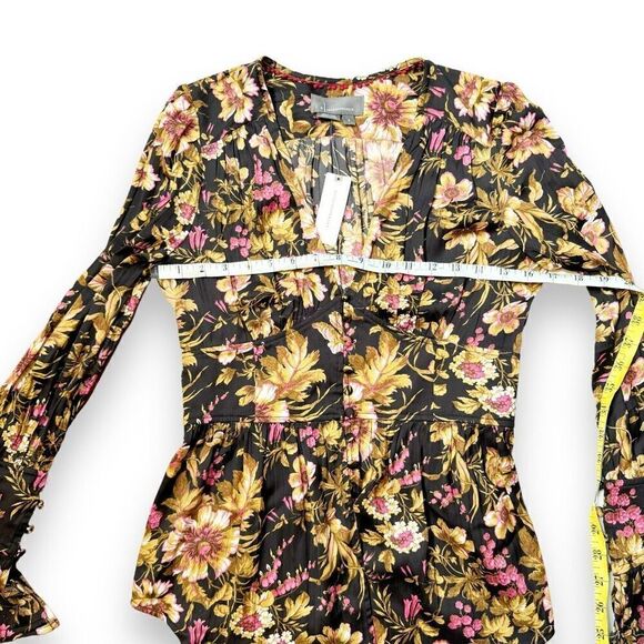 Anthropologie Deep-V Tunic Floral Black Motif Blouse Top Button Corset Peplum S - Picture 11 of 12